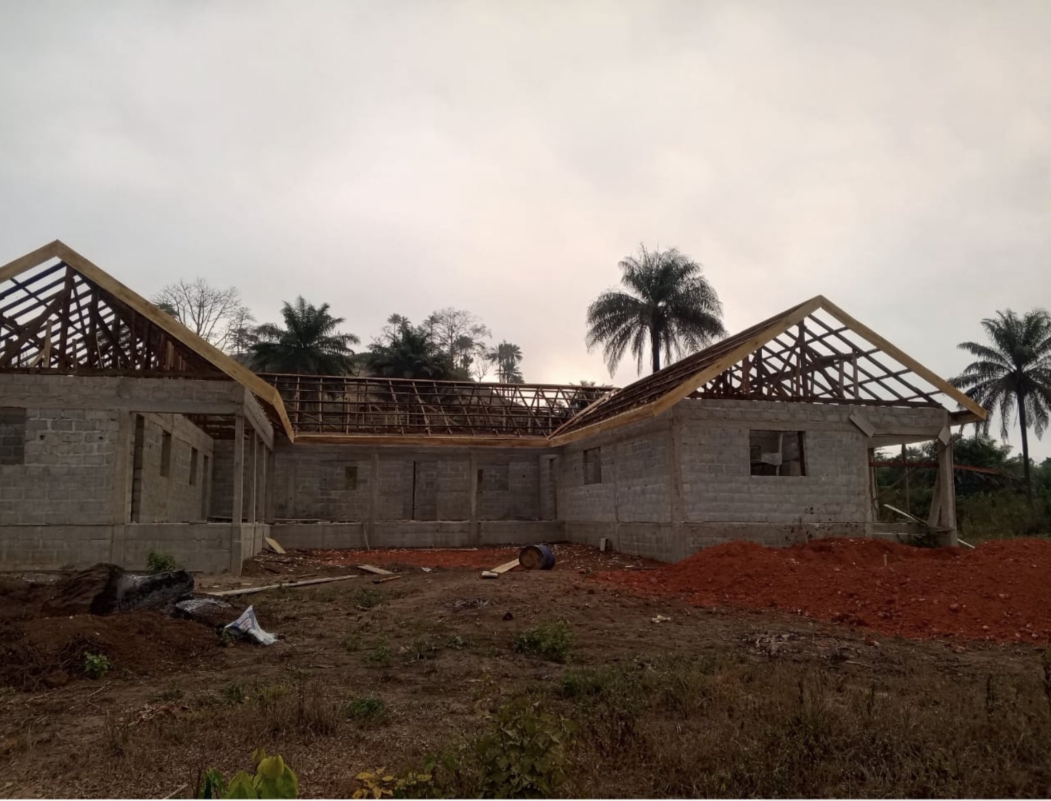 Walls up with roof trusses framed